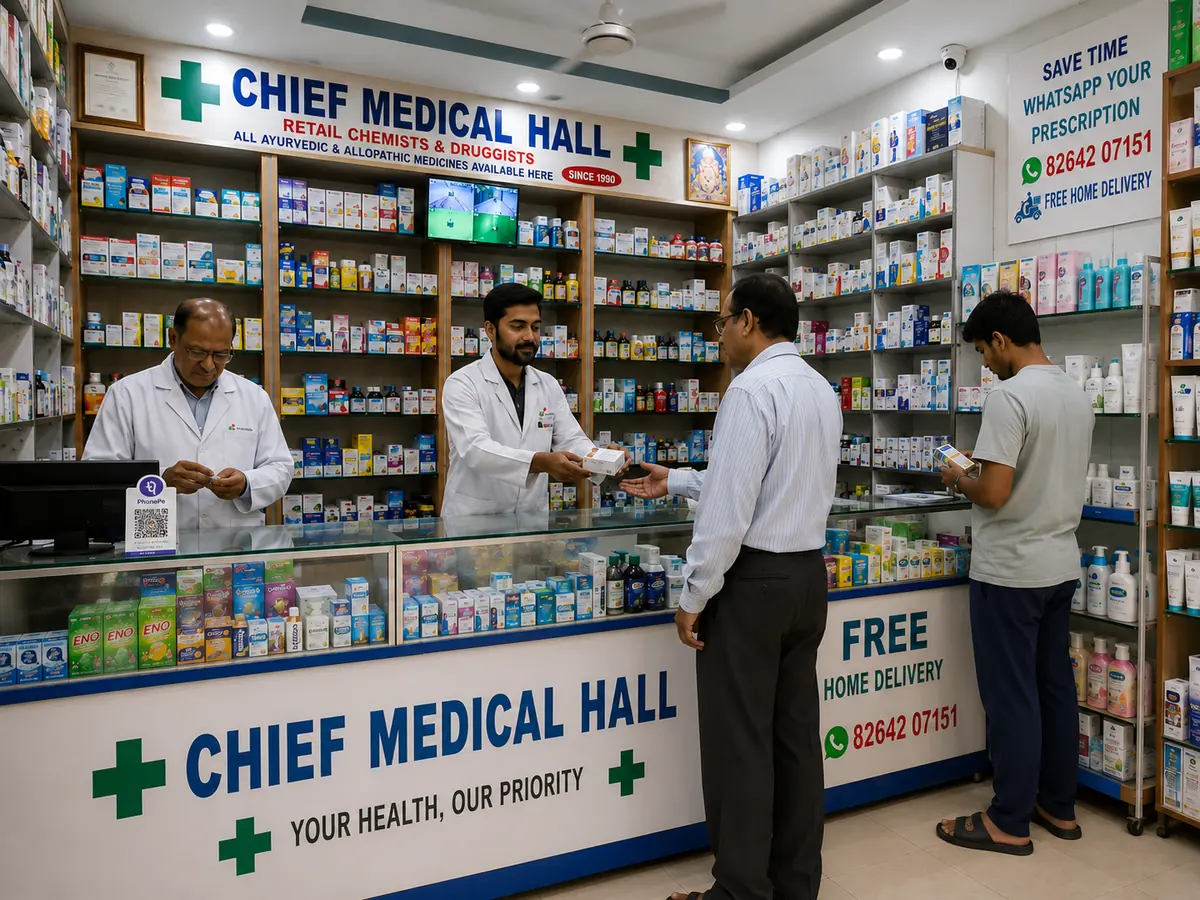 Chief Medical Hall pharmacists serving customers at the counter — Mohali's trusted family pharmacy since 1990
