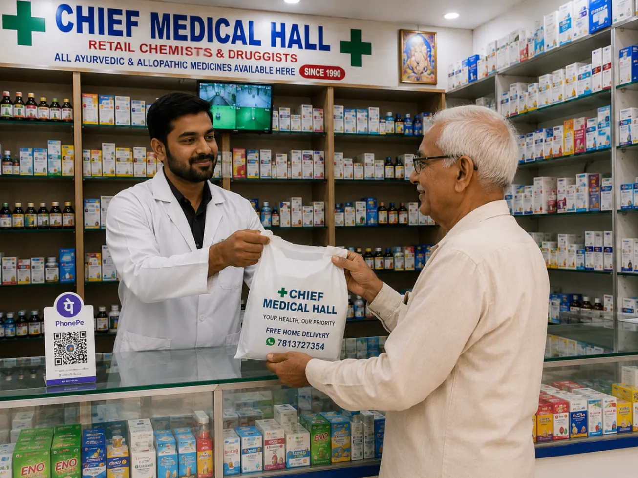 Pharmacist at the Chief Medical Hall service counter handing a prescription order to a regular customer in Mohali
