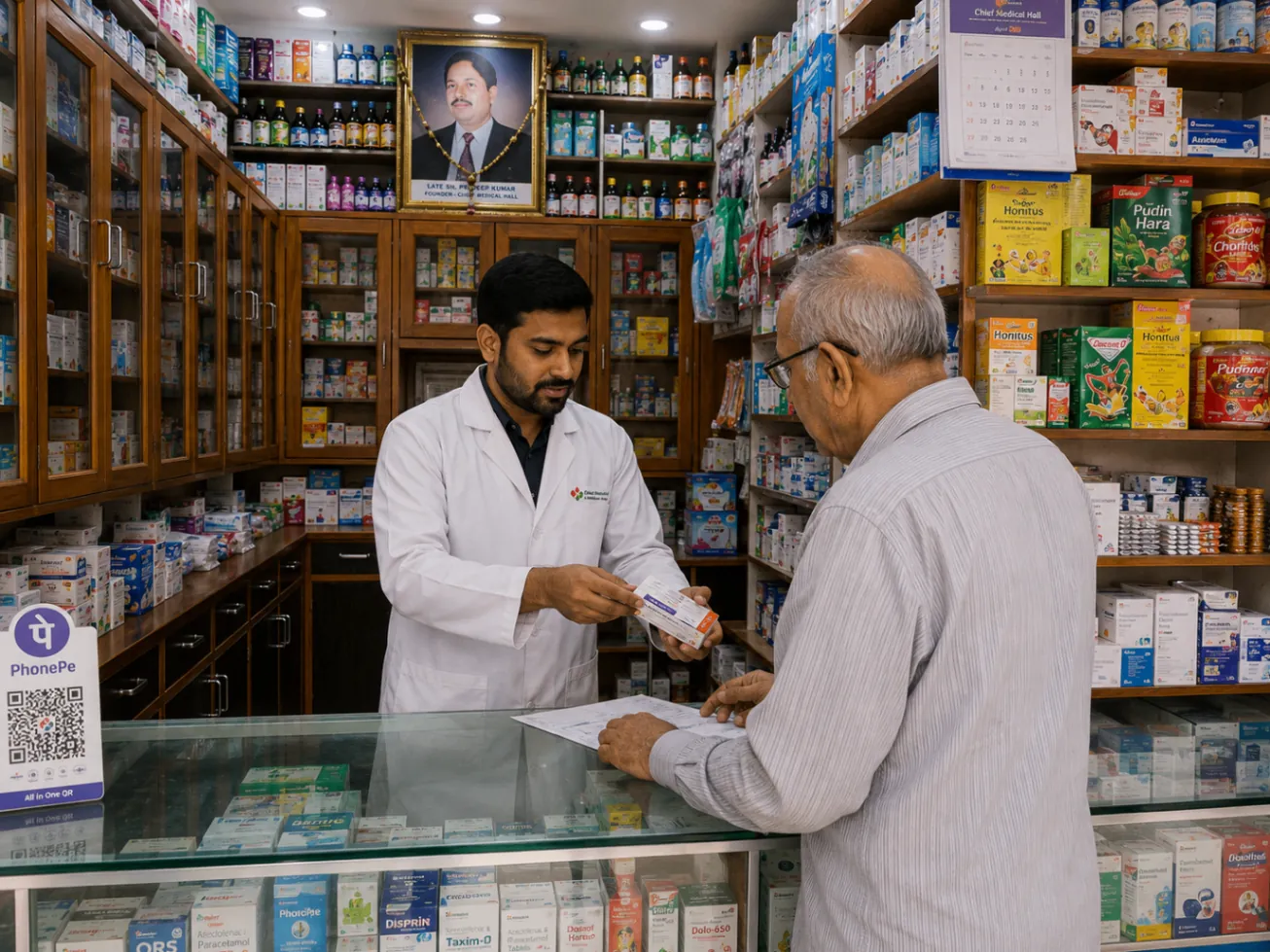 Prescription counter at Chief Medical Hall — pharmacist preparing medicines in Phase 2, Mohali